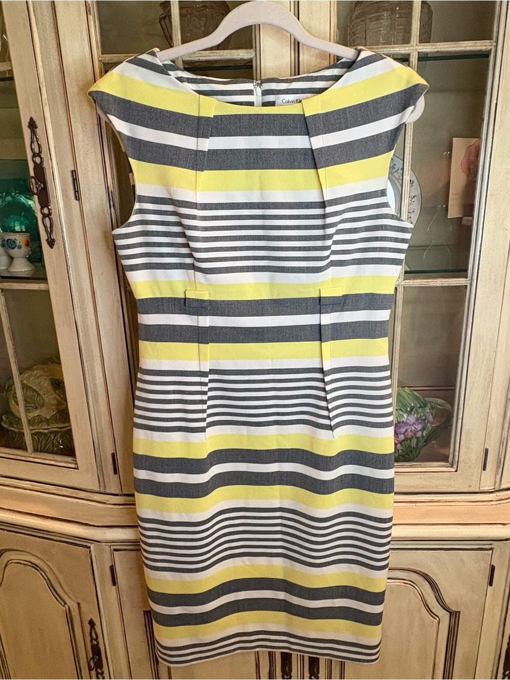 Calvin Klein Butter Yellow, White, and Gray Striped Sheath Dress